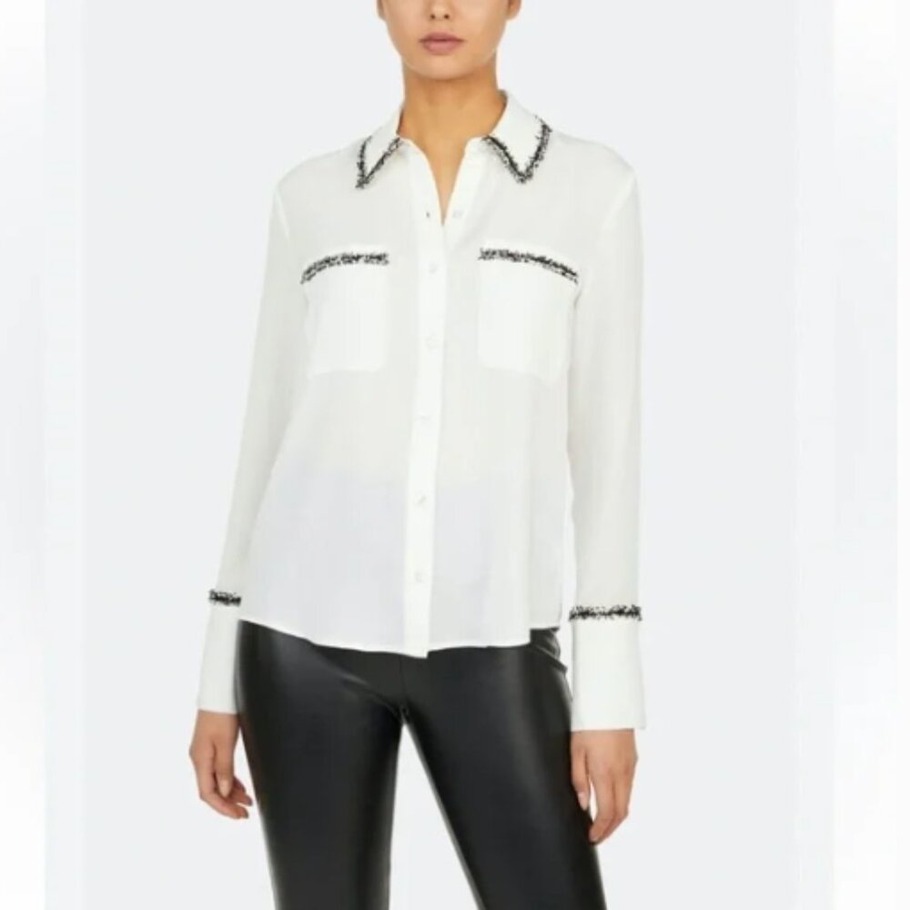 Zara Tweed Trim Dress Blouse in Ivory, S